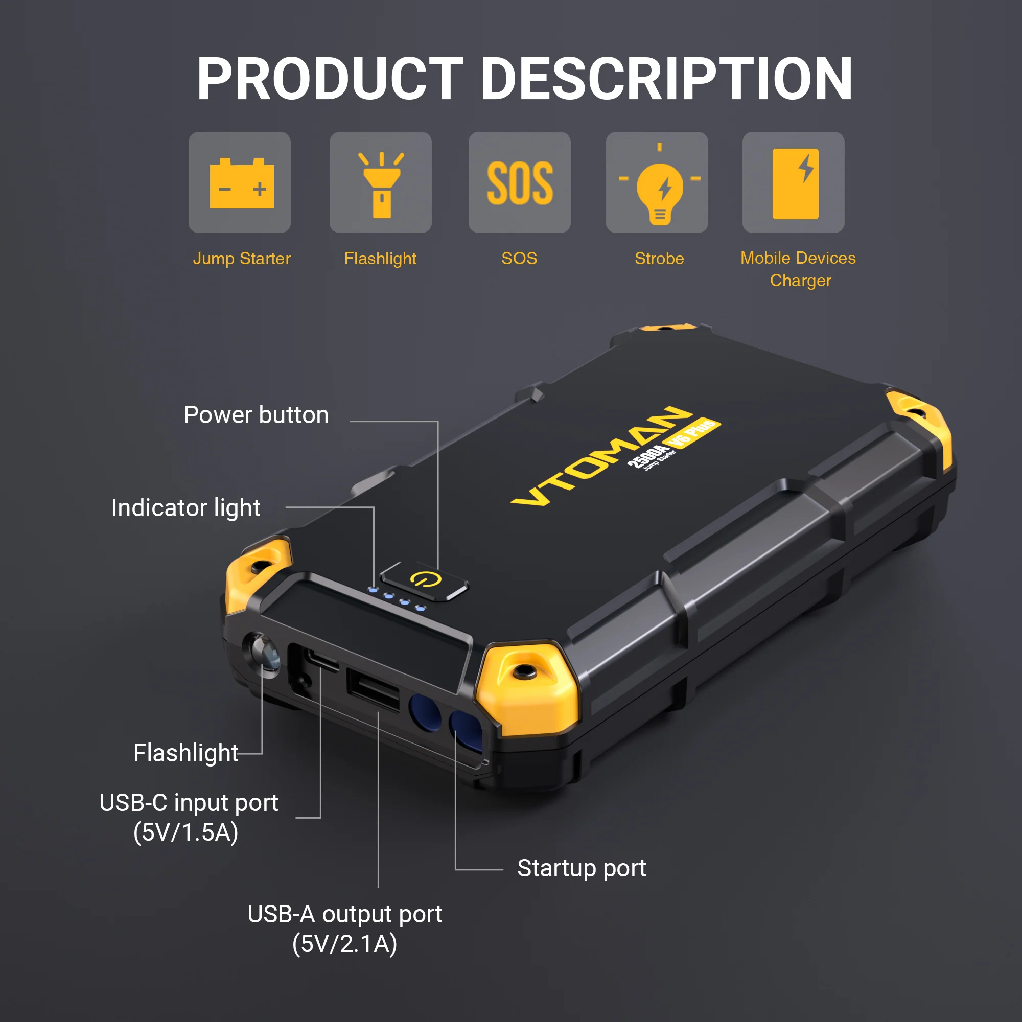 VTOMAN V6 PLUS 2500A Car Jump Starter,Portable Battery Jumper for 12V Vehicles(6.0L Gas/4.0L Diesel),10000mAh Power Bank Fast Charging & Jumper Cables,V6 Plus - Image 6