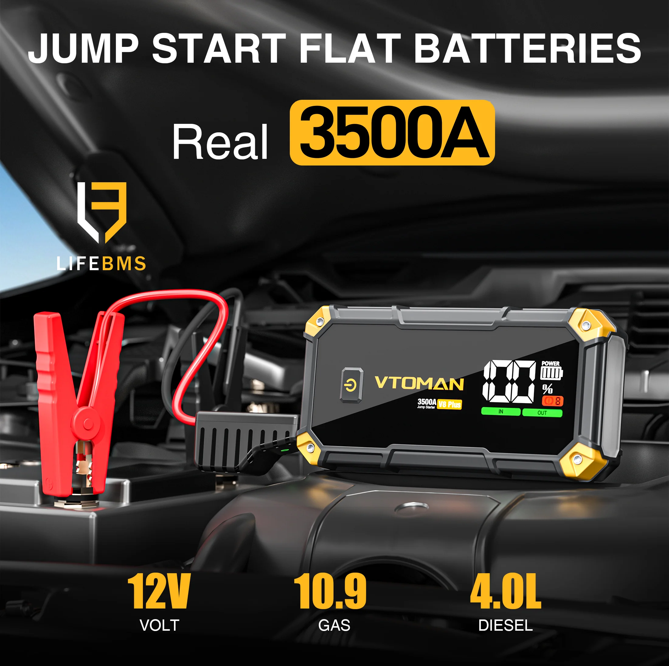 VTOMAN V8 Plus Car Jump Starter,3500A Peak 12V Lithium Battery Booster Pack(9.0L Gas & 8.5L Diesel),Portable Jump Box,Power Bank (44.4Wh) with Jumper Cables - Image 2