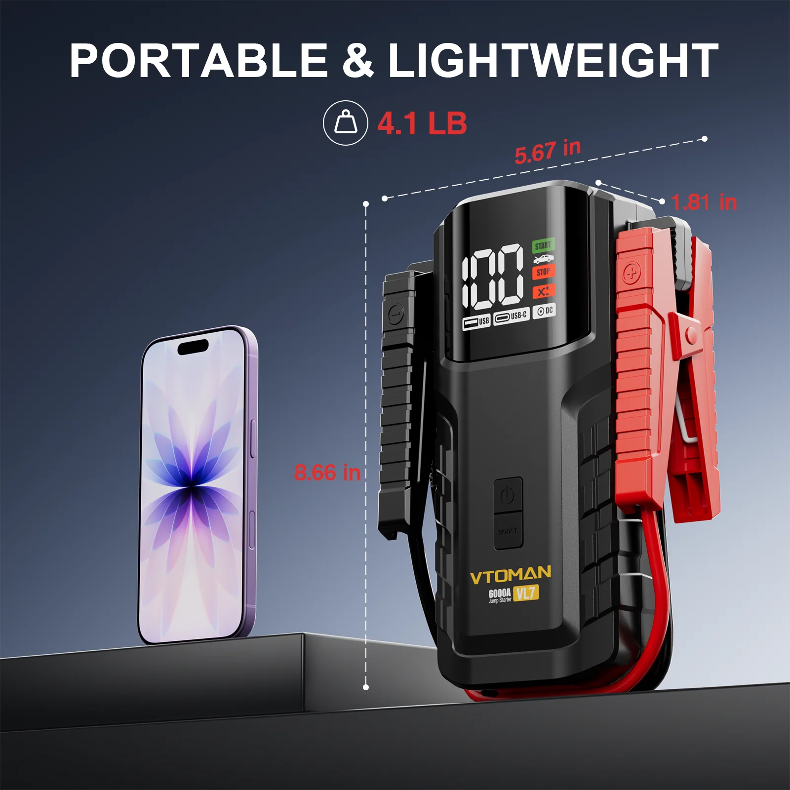VTOMAN VL7 6000A Jump Starter Upgraded with LiFePO4 Battery,24000mAh Portable Car Battery Booster (All Gas/10L Diesel),12V Jump Box Power Pack with USB-A,Type-C & DC Output,LED Light,EVA Bag - Image 8