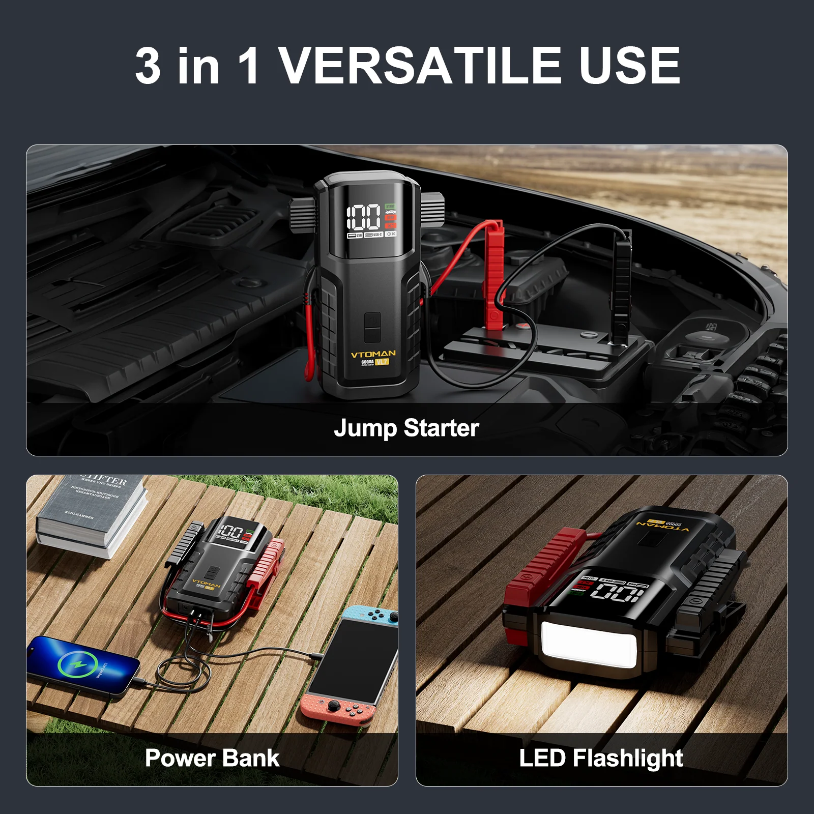 VTOMAN VL7 6000A Jump Starter Upgraded with LiFePO4 Battery,24000mAh Portable Car Battery Booster (All Gas/10L Diesel),12V Jump Box Power Pack with USB-A,Type-C & DC Output,LED Light,EVA Bag - Image 9