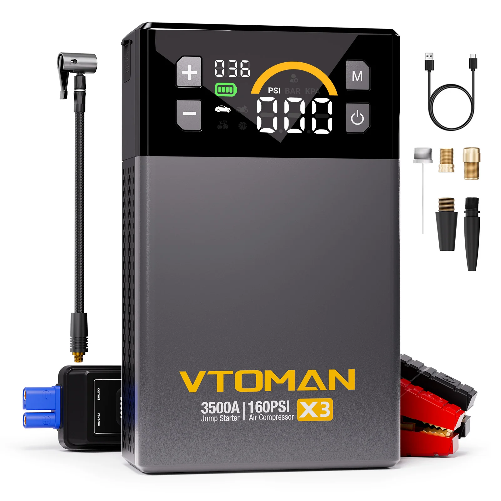 VTOMAN X3 Jump Starter with Air Compressor, 3500A Portable Car Battery Jumper Starter (9L Gas/8L Diesel Engines) with 160PSI Auto-Shutoff Tire Inflator, 12V Lithium Battery Booster Pack, Jump Box - Image 2