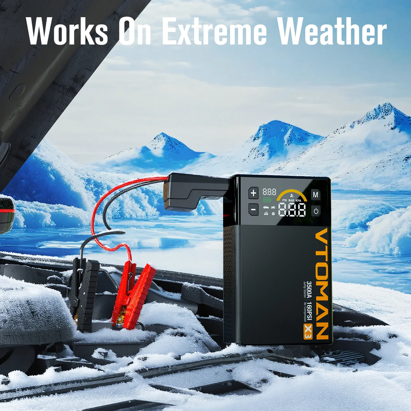 VTOMAN X3 Jump Starter with Air Compressor, 3500A Portable Car Battery Jumper Starter (9L Gas/8L Diesel Engines) with 160PSI Auto-Shutoff Tire Inflator, 12V Lithium Battery Booster Pack, Jump Box - Image 7