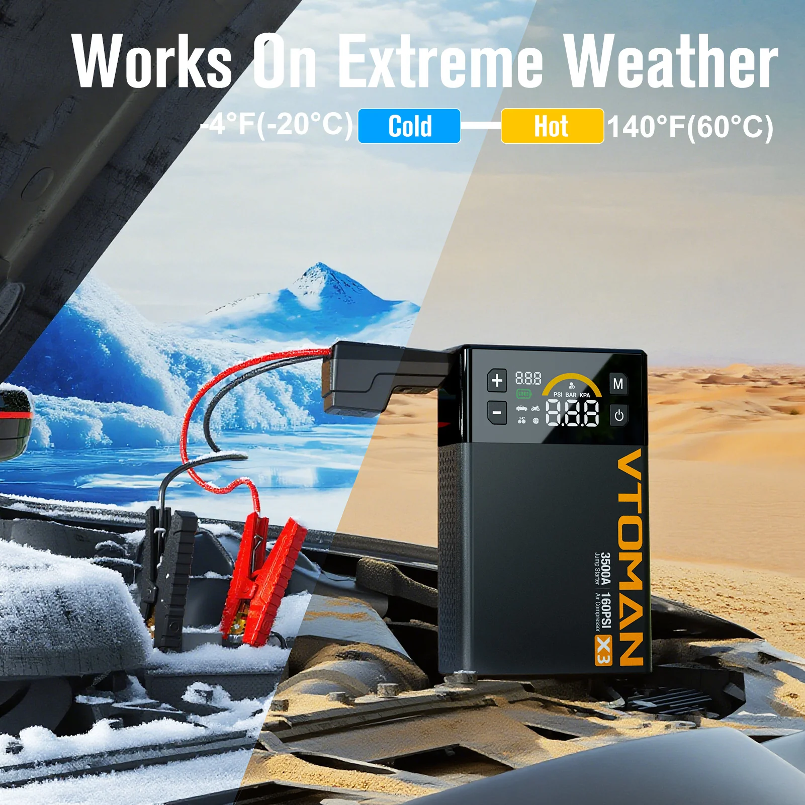 VTOMAN X3 Jump Starter with Air Compressor, 3500A Portable Car Battery Jumper Starter (9L Gas/8L Diesel Engines) with 160PSI Auto-Shutoff Tire Inflator, 12V Lithium Battery Booster Pack, Jump Box - Image 8