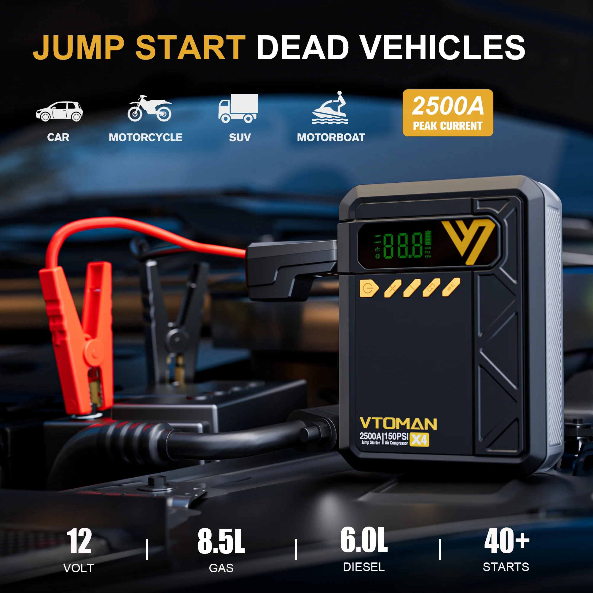VTOMAN X4 Jump Starter with Air Compressor, 2500A Portable Car Battery Jump Starter (8.5 Gas/6.0L Diesel), 150PSI Auto-Shutoff Tire Inflator, 12V Lithium Jump Box Power Bank with Large LED Display - Image 2