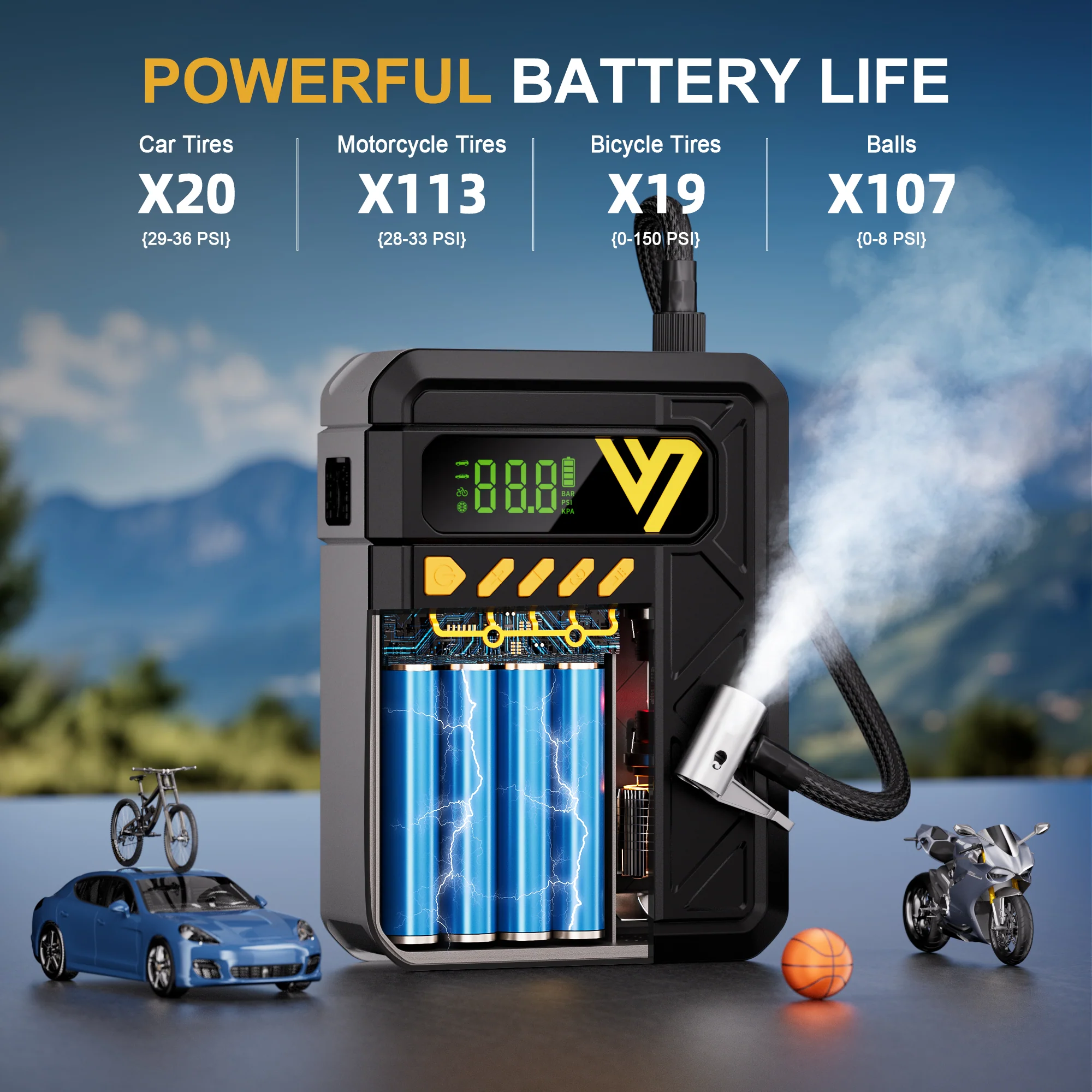 VTOMAN X4 Jump Starter with Air Compressor, 2500A Portable Car Battery Jump Starter (8.5 Gas/6.0L Diesel), 150PSI Auto-Shutoff Tire Inflator, 12V Lithium Jump Box Power Bank with Large LED Display - Image 4