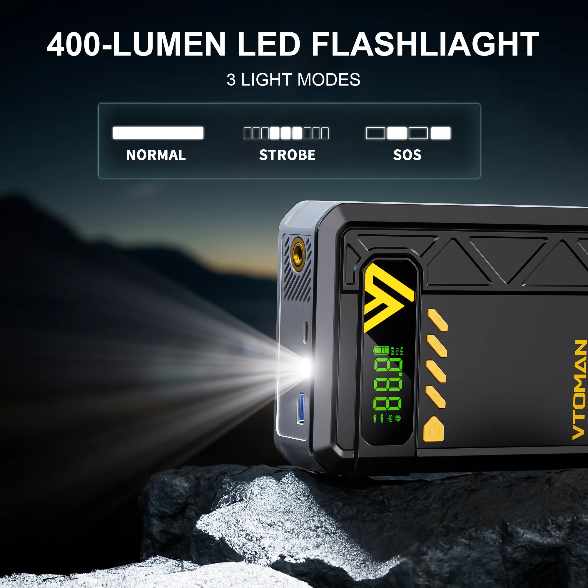 VTOMAN X4 Jump Starter with Air Compressor, 2500A Portable Car Battery Jump Starter (8.5 Gas/6.0L Diesel), 150PSI Auto-Shutoff Tire Inflator, 12V Lithium Jump Box Power Bank with Large LED Display - Image 6